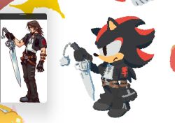  2boys belt black_boots black_fur black_gloves black_jacket black_pants boots brown_belt chain chain_necklace cropped_jacket crossed_belts frown full_body furrowed_brow furry furry_male gloves gunblade hedgehog_boy highres holding holding_weapon jacket jewelry kingdom_hearts male_focus multiple_boys necklace neku_646611 pants red_fur reference_inset shadow_the_hedgehog short_sleeves sonic_(series) squall_leonhart two-tone_fur weapon 