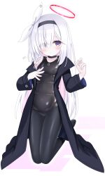  1girl black_choker black_coat black_eyes black_hairband black_one-piece_swimsuit black_pantyhose blue_archive blue_pupils blush braid breasts choker coat colored_inner_hair commentary_request covered_navel hair_ornament hair_over_one_eye hairband halo highres langley1000 long_hair long_sleeves looking_at_viewer md5_mismatch mismatched_pupils multicolored_hair old_school_swimsuit one-piece_swimsuit pantyhose pantyhose_under_swimsuit pink_hair plana_(blue_archive) red_halo red_pupils revision ribbon school_swimsuit school_swimsuit_flap single_braid small_breasts solo swimsuit white_hair white_ribbon 