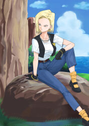  android_18 blonde_hair denim dragonball_z highres jacket jeans jewelry necklace pants rock short_hair sitting  rating:General score:2 user:TokusatsusFan