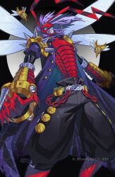  1boy banchostingmon banchou black_coat black_pants blue_eyes bug coat confeito000_333 cowboy_shot delinquent digimon digimon_(creature) gauntlets highres long_hair male_focus pants purple_hair shoulder_spikes solo spikes twitter_username 