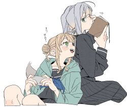  2girls aqua_jacket black_shirt black_skirt collarbone dayama flat_color green_eyes grey_hair hair_bun highres jacket kaburaki_roco multiple_girls nijisanji open_clothes open_jacket open_mouth shioriha_ruri shirt simple_background skirt smile teeth upper_teeth_only virtual_youtuber white_background 