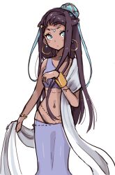  1girl alternate_costume black_hair blue_eyes bracelet chain_belt collar dark-skinned_female dark_skin earrings forehead_jewel highres indian_clothes jewelry kumorisabi long_hair maang_patti multicolored_hair navel_piercing nessa_(pokemon) nintendo piercing pokemon pokemon_swsh ring short_eyebrows wedding_ring 