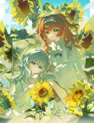  2girls aged_down black_bow black_bowtie blue_sky boots bow bowtie day dress feet_out_of_frame flower green_eyes grey_eyes grey_hair hair_bun hairband highres hiruno_baizhou layered_sleeves long_sleeves medium_hair multiple_girls orange_hair reverse:1999 same-sex_bathing shared_bathing short_dress short_over_long_sleeves short_sleeves single_side_bun sitting sky sonetto_(reverse:1999) sunflower too_many_flowers traditional_bowtie two_side_up vertin_(reverse:1999) white_boots white_dress white_hairband yellow_flower 