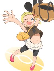  1girl ;d bike_shorts blonde_hair blue_eyes blush bonnie_(pokemon) bubukka dedenne frilled_skirt frills full_body gen_6_pokemon midriff navel nintendo one_eye_closed open_mouth pokemon pokemon_(anime) pokemon_(creature) pokemon_xy_(anime) red_footwear shoes short_hair side_ponytail skirt sleeveless smile white_skirt  rating:Sensitive score:87 user:danbooru