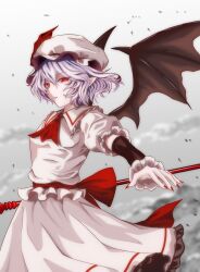  1girl ascot bat_wings blue_hair collared_shirt fingernails frilled_shirt_collar frills hair_between_eyes hat hat_ribbon highres holding holding_polearm holding_weapon looking_at_viewer merihari07 mob_cap parted_lips pink_hat pink_shirt pink_skirt pointy_ears polearm puffy_short_sleeves puffy_sleeves red_ascot red_eyes red_nails red_ribbon remilia_scarlet ribbon sharp_fingernails shirt short_hair short_sleeves skirt skirt_set solo spear_the_gungnir touhou weapon wings 