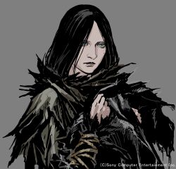  1girl absurdres black_hair blue_eyes concept_art demon&#039;s_souls disheveled dress hand_on_own_chest highres long_hair long_sleeves looking_at_viewer mole mole_under_eye official_art parted_bangs scan solo watermark witch yuria_the_witch 