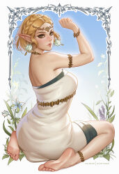  1girl anklet armlet barefoot blonde_hair bootybear bracelet braid circlet crown_braid dress earrings highres jewelry nintendo pointy_ears princess_zelda short_hair solo strapless strapless_dress the_legend_of_zelda the_legend_of_zelda:_tears_of_the_kingdom 