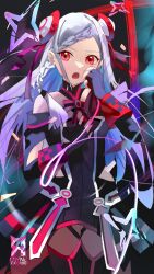  1girl :o artist_name black_dress black_sleeves black_thighhighs bow braid braided_bangs commentary cowboy_shot cryne detached_sleeves double_bun dress hair_bun hair_ribbon hand_on_own_chest highres long_hair long_sleeves looking_at_viewer mixed-language_commentary open_mouth parted_bangs pink_nails red_bow red_eyes red_ribbon ribbon short_dress sleeveless sleeveless_dress solo sword_art_online sword_art_online_the_movie:_ordinal_scale teeth thighhighs white_hair yuna_(sao) 