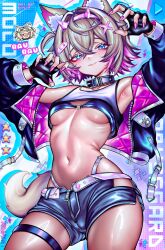  1girl absurdres animal_ear_fluff animal_ears bare_shoulders black_gloves black_jacket black_shorts blonde_hair blue_background blue_eyes breasts chibi chibi_inset claw_pose cropped_jacket cropped_shirt day-0 dog_ears dog_girl dog_tail fake_horns fingerless_gloves fuwawa_abyssgard gloves hairband highres hololive hololive_english horns jacket mococo_abyssgard multicolored_hair navel off_shoulder open_clothes open_jacket pink_hair pink_hairband shirt short_hair shorts small_breasts solo spiked_hairband spikes streaked_hair tail two-tone_hair two_side_up virtual_youtuber white_shirt 