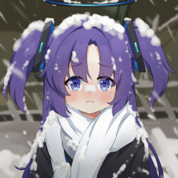  1girl absurdres artist_name black_jacket blue_archive blue_eyes blush commentary english_commentary gevuxx halo highres husbant_(meme) jacket long_hair looking_at_viewer meme purple_hair scarf snow_on_body snow_on_head snowing solo two_side_up white_scarf yuuka_(blue_archive)  rating:General score:15 user:danbooru