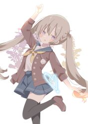  1girl 9ra4ki33 :o absurdres ao_no_kanata_no_four_rhythm arisaka_mashiro arm_up black_thighhighs blue_sailor_collar blue_skirt blush_stickers brown_hair brown_jacket brown_shoes colored_eyelashes commentary_request floating_hair foot_out_of_frame hair_between_eyes heart highres jacket loafers long_hair looking_at_viewer miniskirt neckerchief open_clothes open_jacket open_mouth pom_pom_(clothes) purple_eyes sailor_collar school_uniform serafuku shirt shoes simple_background skirt solo standing standing_on_one_leg thighhighs twintails very_long_hair white_background white_shirt yellow_neckerchief zettai_ryouiki 