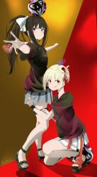  2girls absurdres ball black_hair black_shirt black_shoes blonde_hair bow closed_mouth commentary_request grey_skirt hair_bow heart highres inoue_takina j._league licking_lips long_hair lycoris_recoil multiple_girls nail_polish nishikigi_chisato one_side_up pink_nails ponytail purple_eyes red_eyes red_nails sengoku_chidori shirt shoes short_hair short_sleeves sidelocks skirt soccer_ball thigh_strap toenail_polish toenails tongue tongue_out white_bow white_skirt 