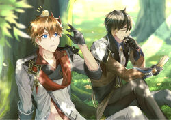 2boys animal animal_on_head bird bird_on_head covering_mouth foliage genshin_impact gils3105 image_sample laughing multiple_boys on_head outdoors pixiv pixiv_sample tartaglia_(genshin_impact) zhongli_(genshin_impact)