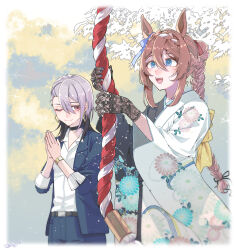  2girls ;) absurdres alternate_costume alternate_hairstyle animal_ears belt black_choker black_gloves black_hair blue_bow blue_eyes blue_jacket blue_pants bow braid braided_ponytail brown_hair choker collared_shirt commission ear_bow floral_print furisode gloves gradient_hair hair_between_eyes hatsumoude highres horse_ears horse_girl jacket japanese_clothes kimono long_hair looking_to_the_side multicolored_hair multiple_girls nase_fumino new_year one_eye_closed own_hands_together pants shirt short_hair skeb_commission smile super_creek_(umamusume) tsukasa_(avdx5538) umamusume umamusume:_cinderella_gray very_long_hair watch white_shirt wide_sleeves wristwatch 