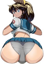  1girl absurdres ass ass_mousepad belt black_gloves blue_eyes blue_skirt blush bow brown_hair commission cropped_legs crotch_seam fat_mons fingerless_gloves gloves grey_panties hair_between_eyes hair_bow highres long_hair looking_back m.u.g.e.n midriff mousepad_(medium) oggy_(oggyoggy) original panties pleated_skirt ponytail ryuko_(oggyoggy) school_uniform serafuku short_sleeves skeb_commission skirt solo transparent_background trefoil underwear yellow_bow 