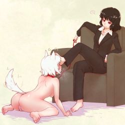 2girls animal_ears ass barefoot black_hair blush breasts cameltoe closed_mouth collar contemporary dog_ears dog_tail feet femdom foot_on_head foot_worship formal_clothes highres inubashiri_momiji kuro_ari_(pixiv) leash licking licking_foot looking_at_another maebari medium_breasts multiple_girls nude pants pet_play red_eyes shameimaru_aya short_hair sitting small_breasts suit tail tail_wagging tongue tongue_out touhou white_hair wolf_ears wolf_tail yuri rating:Explicit score:115 user:danbooru