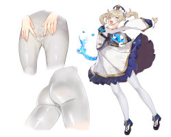  1girl ass barbara_(genshin_impact) blonde_hair blue_eyes book bow bowtie censored denden_taiko dress frilled_skirt frills full_body genshin_impact hair_ornament hat high_heels highres long_sleeves mosaic_censoring open_mouth pantyhose pussy simple_background skirt smile solo spread_pussy spread_pussy_under_clothes twintails water white_background white_dress 