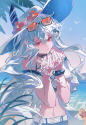 1girl arknights belt bikini bikini_top_only bilibili bird black_shorts blue_sky flower hat long_hair ocean pink_flower red_eyes red_flower sanye308 shorts skadi_(arknights) skadi_(waverider)_(arknights) sky solo starfish sunglasses swimsuit tree upper_body water white_hair