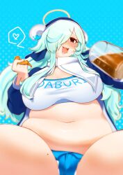  1girl absurdres alcohol artist_request beer beer_mug belly blue_background blue_hair blue_shorts breasts coif crop_top cup doubliel food food_on_face green_hair habit hair_over_one_eye halo heart highres holding holding_food horns large_breasts long_hair mahjong_fight_girl mole mole_on_thigh mug navel neko_guruto nun one_eye_covered open_clothes open_mouth open_robe pink_eyes plump robe shirt short_shorts shorts sitting smile solo spoken_heart spread_legs thick_thighs thighs wavy_hair white_shirt wimple 