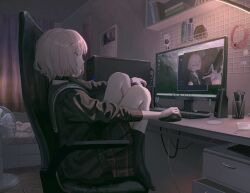 1girl absurdres bed black_choker choker computer computer_mouse highres holding holding_computer_mouse knee_to_chest knees_up kyano_(kyanora3141) looking_at_object monitor school_uniform short_hair sitting skirt socks solo table ventilator white_hair 