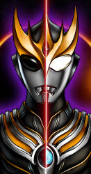  1boy alien alternate_design armor aura black_armor black_background black_eyes black_gemstone black_skin breastplate close-up color_timer colored_skin commentary compound_eyes crossover dorsal_fin forehead_jewel fusion gem glowing glowing_eye gold_horns gold_trim heterochromia highres horns kamen_rider kamen_rider_kuuga kamen_rider_kuuga_(series) kamen_rider_kuuga_(ultimate_form) looking_at_viewer male_focus multicolored_skin neofrontier portrait purple_aura ring_of_fire silver_skin solo spikes split_theme stag_beetle tokusatsu trait_connection ultra_series ultraman_tiga ultraman_tiga_(series) ultraman_tiga_(tiga_dark) white_eyes 