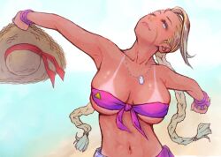  1girl bandeau beach bikini bikini_tan blonde_hair blue_eyes bracelet braid breasts cammy_white cleavage delarocha82 facial_scar front-tie_top hat head_tilt holding jewelry large_breasts lips long_hair looking_at_viewer navel necklace official_alternate_costume one_eye_closed scar scar_on_cheek scar_on_face smile solo strapless straw_hat street_fighter street_fighter_6 sun_hat swimsuit tan tanline twin_braids unworn_hat unworn_headwear 