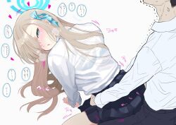  1boy 1girl anger_vein asuna_(blue_archive) black_pants black_skirt blue_archive blue_bow blue_eyes blue_halo blush bow bra_visible_through_clothes breath brown_hair clothed_sex commentary covered_penetration cowboy_shot doggystyle dress_shirt hair_bow halo head_out_of_frame heart heart-shaped_pupils hetero highres implied_sex long_hair long_sleeves looking_at_viewer looking_back mazarimon miniskirt motion_lines pants parted_lips pleated_skirt puckered_lips sensei_(blue_archive) sex sex_from_behind shirt shirt_tucked_in simple_background skirt solo_focus sound_effects speech_bubble symbol-shaped_pupils translated trembling white_background white_shirt  rating:Questionable score:64 user:danbooru