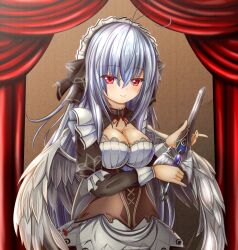  1girl ahoge aneten breasts cleavage corset emil_chronicle_online frills hair_ribbon highres holding holding_knife knife long_hair looking_at_viewer maid maid_headdress red_eyes ribbon upper_body white_hair white_wings wings 