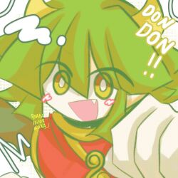  1girl :d blush bright_pupils china_dress chinese_clothes draco_centauros dragon_girl dragon_horns dress english_text fang green_hair hair_between_eyes hair_over_eyes highres horns looking_at_viewer open_mouth outstretched_arm outstretched_hand pointy_ears raisutea short_hair signature simple_background smile solo white_background white_pupils yellow_eyes yellow_horns 