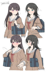  2girls aqua_eyes bag bang_dream! bang_dream!_it&#039;s_mygo!!!!! black_hair blush brown_hair closed_mouth commentary_request dress hanasakigawa_school_uniform highres holding_hands lehcar long_hair looking_at_another mole mole_under_eye multiple_girls parted_lips purple_eyes sailor_collar sailor_dress school_bag school_uniform shiina_taki simple_background smile translation_request white_background white_sailor_collar yahata_umiri yuri 