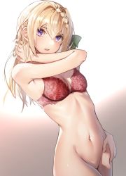 1girl absurdres bad_arm blonde_hair bottomless bra braid breasts cowboy_shot green_ribbon highres kabayaki_namazu kantai_collection long_hair medium_breasts navel no_panties perth_(kancolle) purple_eyes red_bra ribbon solo stomach underwear underwear_only rating:Questionable score:92 user:danbooru