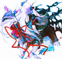 1boy 1girl animal_ears collar gloves hair_over_one_eye horns leash leash_pull lying namie-kun on_back original stepped_on tail white_background white_hair