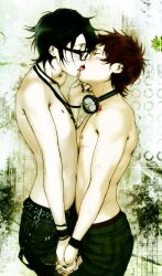  2boys absurdres belt black_hair black_nails black_pants blush brown_hair chest_tattoo closed_eyes couple cowboy_shot denim ear_piercing face_piercing french_kiss fushimi_saruhiko glasses hand_on_another&#039;s_cheek hand_on_another&#039;s_face headphones headphones_around_neck highres holding_hands jeans k-project kiss lip_piercing male_focus mastectomy_scar multiple_boys multiple_scars nipples open_mouth pants piercing profile scar scar_on_chest short_hair tattoo tongue topless_male treslech3s wristband yaoi yata_misaki 