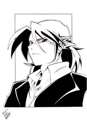  black_gloves black_hair black_vest collared_shirt comic dated divinity dragon frown gloves greyscale hair_between_eyes highres ink male_focus medium_hair monochrome monohaji original original_pieces red_eyes ryuujin self-upload shirt solo vest white_background white_theme yellow_eyes 