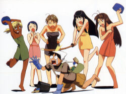  1boy 5girls aoyama_motoko bare_shoulders barefoot black_hair blonde_hair blue_hair brown_hair bucket crying headscarf holding holding_towel kaolla_su konno_mitsune long_hair love_hina maehara_shinobu multiple_girls naked_towel narusegawa_naru official_art scan shinai short_hair streaming_tears sword tears towel urashima_keitarou weapon white_background work_gloves 