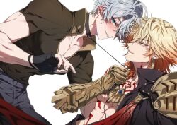  2boys antenna_hair bare_pectorals bboo_hoyo black_choker black_coat black_pants black_shirt blonde_hair blue_eyes braid chest_tattoo choker clawed_gauntlets coat collarbone earrings flustered from_side gold_earrings gold_necklace gradient_hair hair_between_eyes hashtag-only_commentary highres honkai:_star_rail honkai_(series) jewelry leash leash_pull looking_at_another male_focus medium_hair multicolored_hair multiple_boys mydei_(honkai:_star_rail) necklace open_clothes open_coat pants pectorals phainon_(honkai:_star_rail) profile red_hair red_tattoo shirt short_hair short_sleeves side_braid simple_background tattoo toned toned_male white_background white_hair yaoi yellow_eyes 