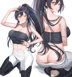 1girl :o ass bare_shoulders black_footwear black_hair black_nails blush boots breasts butt_crack cleavage closed_mouth earrings from_behind hand_up highres idolmaster idolmaster_shiny_colors jewelry kneeling large_breasts long_hair looking_at_viewer nail_polish pants parted_lips ponytail shirase_sakuya shougun_(chuckni1) sleeveless smile thigh_boots thighhighs thighs white_background white_pants yellow_eyes rating:Sensitive score:54 user:danbooru