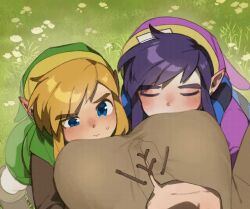  1girl 2boys animated animated_gif blonde_hair blue_eyes blush breasts female_pov grass green_eyes hat large_breasts link male_focus multiple_boys nintendo pointy_ears pov purple_hair ravio tango_dream the_legend_of_zelda  rating:Questionable score:67 user:CovArd