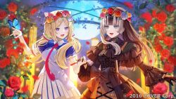  2girls aki_rosenthal aki_rosenthal_(1st_costume) blue_jacket bob_cut collared_dress copyright_notice detached_hair dress flower gothic_lolita head_wreath headgear highres hololive hololive_dev_is jacket juufuutei_raden juufuutei_raden_(1st_costume) lolita_fashion moon multicolored_hair multiple_girls necktie official_art overskirt parted_bangs pleated_dress red_flower red_necktie red_rose rose samo_cha shrug_(clothing) smile streaked_hair two-tone_hair virtual_youtuber 