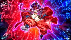  1boy aura black_wrist_cuffs blue_hair body_fur dougi dragon_ball dragon_ball_gt dragon_ball_heroes dragon_ball_super earrings full_body fusion glowing highres jewelry kamehameha_(dragon_ball) multicolored_hair nickartth pants potara_earrings red_fur red_hair red_pants red_tunic solo_focus son_goku streaked_hair super_saiyan super_saiyan_4 tunic two-tone_hair wrist_cuffs 