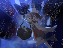  1girl angelina_(arknights) animal_ears arknights arm_behind_head bag black_bag black_gloves black_shoes black_socks blurry brown_hair building cityscape coat commentary depth_of_field duffel_bag envelope falling foot_out_of_frame fox_ears gloves grey_shirt grey_shorts hairband highres kirina_zero kneehighs long_hair night outdoors red_hairband shirt shoes short_shorts shorts sidelocks skyscraper sneakers socks solo striped_clothes striped_hairband striped_shirt twintails two-tone_gloves white_coat white_gloves 