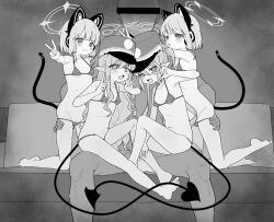  1boy 4girls animal_ear_headphones animal_ears aotan_(aorin114) bikini blue_archive blush cat_ear_headphones cat_tail censored censored_identity demon_tail fake_animal_ears full_body greyscale halo hat headphones hetero highres hikari_(blue_archive) kodomo_no_hi loli long_hair looking_at_viewer micro_bikini midori_(blue_archive) momoi_(blue_archive) monochrome multiple_girls nozomi_(blue_archive) open_mouth pointy_ears short_hair siblings sisters sitting smile swimsuit tail twins v 