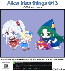  4girls alice_margatroid alice_margatroid_(pc-98) blonde_hair blue_capelet blue_eyes blue_hairband bnelsey bow capelet crescent dress ghost_tail green_eyes green_hair hair_bobbles hair_bow hair_ornament hair_ribbon hairband hat hat_bow kirisame_marisa kirisame_marisa_(pc-98) long_hair mima_(touhou) multiple_girls one_side_up purple_capelet purple_dress purple_hat red_capelet red_dress red_hair ribbon shinki_(touhou) short_hair short_sleeves side_ponytail skirt story_of_eastern_wonderland sun_print sun_symbol suspender_skirt suspenders touhou touhou_(pc-98) white_hair witch_hat wizard_hat 