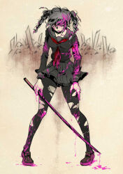  1girl black_pantyhose black_shirt blood blood_in_hair blood_on_clothes blood_on_face blood_on_ground blood_on_shoes bloody_weapon braid breasts commentary_request danganronpa_(series) danganronpa_2:_goodbye_despair eyelashes full_body grey_hair grey_sailor_collar grey_shoes grey_skirt holding holding_sword holding_weapon injury kitakata0407 long_hair long_sleeves neckerchief no_eyewear one_eye_closed open_mouth pantyhose pekoyama_peko pink_blood red_eyes red_neckerchief sailor_collar school_uniform serafuku shirt shoes skirt solo standing sword torn_clothes torn_neckerchief torn_pantyhose torn_shirt twin_braids twintails weapon 