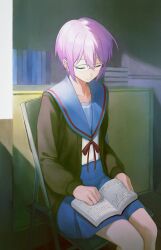 1girl absurdres blue_sailor_collar blue_skirt book book_stack brown_cardigan cardigan chair closed_eyes commentary_request folding_chair glasses hashtag-only_commentary highres indoors kita_high_school_uniform long_sleeves maple_linf nagato_yuki on_chair open_book open_cardigan open_clothes purple_hair reading red_ribbon ribbon sailor_collar school_uniform serafuku short_hair sitting skirt solo suzumiya_haruhi_no_shoushitsu suzumiya_haruhi_no_yuuutsu thighs winter_uniform 