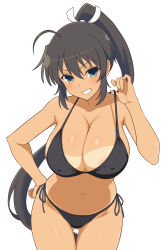  1girl absurdres ahoge bikini bikini_pull bikini_tan black_bikini clenched_teeth clothes_pull commentary_request covered_erect_nipples dark-skinned_female dark_skin gluteal_fold hand_on_own_hip high_ponytail highres homura_(senran_kagura) looking_at_viewer manjou_(q_tiwj) ponytail ribbon senran_kagura smile solo swimsuit tan tanline teeth white_ribbon 