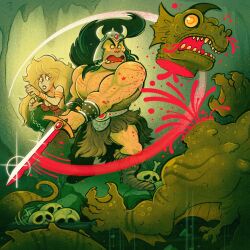 1boy 1girl angry black_hair blood blood_from_mouth blood_splatter bloody_weapon breasts caveman cavern cleavage commentary death decapitation disembodied_head dismemberment dress english_commentary fake_horns fur_trim gem gem_on_head glint hands_on_hilt helmet highres holding holding_sword holding_weapon horned_helmet horns long_hair medium_breasts monster mostlyghostly muscular muscular_male nosebleed original red_dress red_nails reptilian rock saliva scared severed_head skull slashing sword thick_eyebrows water weapon 