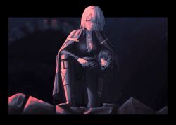  1girl absurdres alternate_costume angelia_(girls&#039;_frontline) black_border black_cloak black_hair black_pants black_shirt blurry blurry_background border breasts cleavage cloak closed_eyes collarbone commentary emile_aoi english_commentary feet_out_of_frame girls&#039;_frontline highres holding jewelry light_smile long_sleeves looking_at_viewer mechanical_hands mechanical_legs medallion medium_breasts medium_hair necklace open_mouth pants rpk-16_(girls&#039;_frontline) shirt single_mechanical_hand single_mechanical_leg solo standing white_hair 