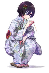  1girl absurdres bandage_on_face bandage_over_one_eye bandaged_arm bandaged_neck bandages black_hair commentary fireworks floral_print floral_print_kimono flower full_body geta hair_flower hair_ornament highres holding holding_fireworks injury japanese_clothes kimono kinoshita_sakura light_smile nue one_eye_covered print_kimono purple_kimono red_flower short_hair solo sparkler squatting tactics tsugumi_(tactics) white_background yukata 