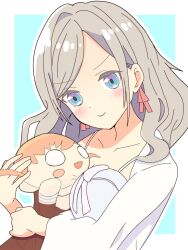  1girl blue_background blue_eyes blush_stickers border breasts brown_dress ceras_yanagida_lilienfeld ceras_yanagida_lilienfeld_(summer_loungewear) cleavage closed_mouth commentary dress grey_hair harusame_(wm15_same) hasu_no_sora_school_uniform highres hinoshita_kaho jacket large_breasts link!_like!_love_live! long_sleeves love_live! nesoberi open_clothes open_jacket orange_hair outline outside_border school_uniform simple_background sleeveless sleeveless_dress smile solo spaghetti_strap v-shaped_eyebrows virtual_youtuber white_border white_jacket white_outline winter_uniform 